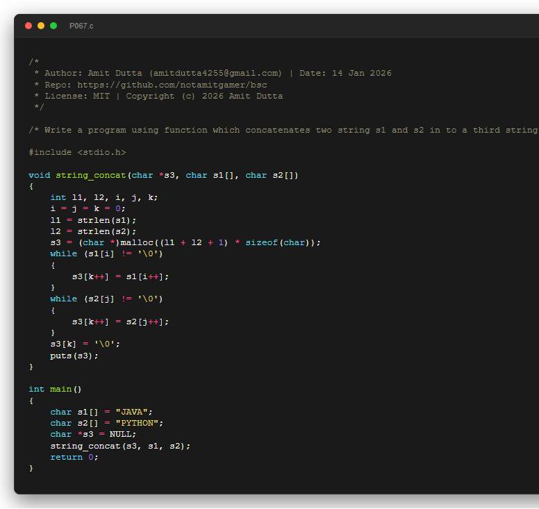 Write a program using function which concatenates two string s1 and s2 in to a third string